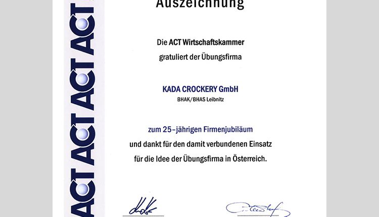 Auszeichnung für 25 Jahre Kada Crockery GmbH