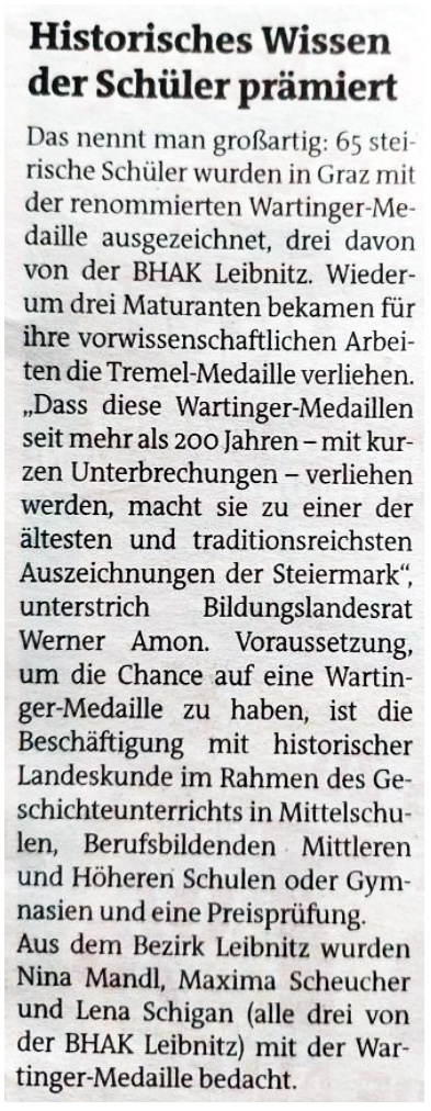 Schülerinnen der HAK Leibnitz wurden mit der Wartinger-Medaille bedacht, Pressebericht vom 7. Juni 2023, Die Woche