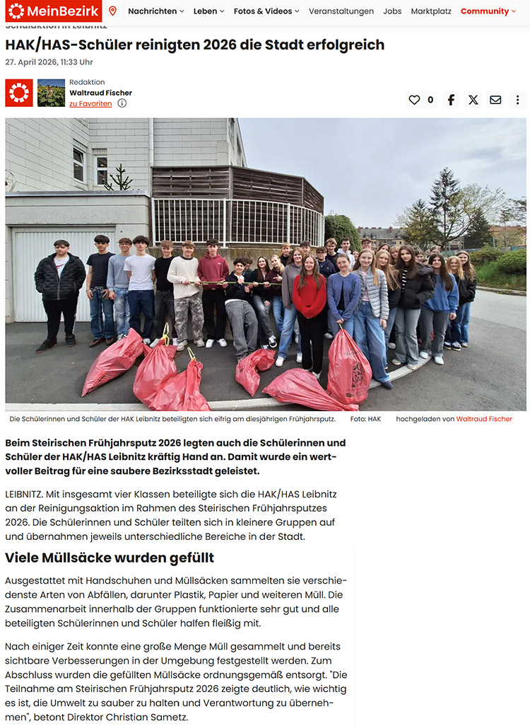 Schüler:innen der HAK/HAS Leibnitz beteiligten sich an der jährlich Aktion "Frühjahrsputz"